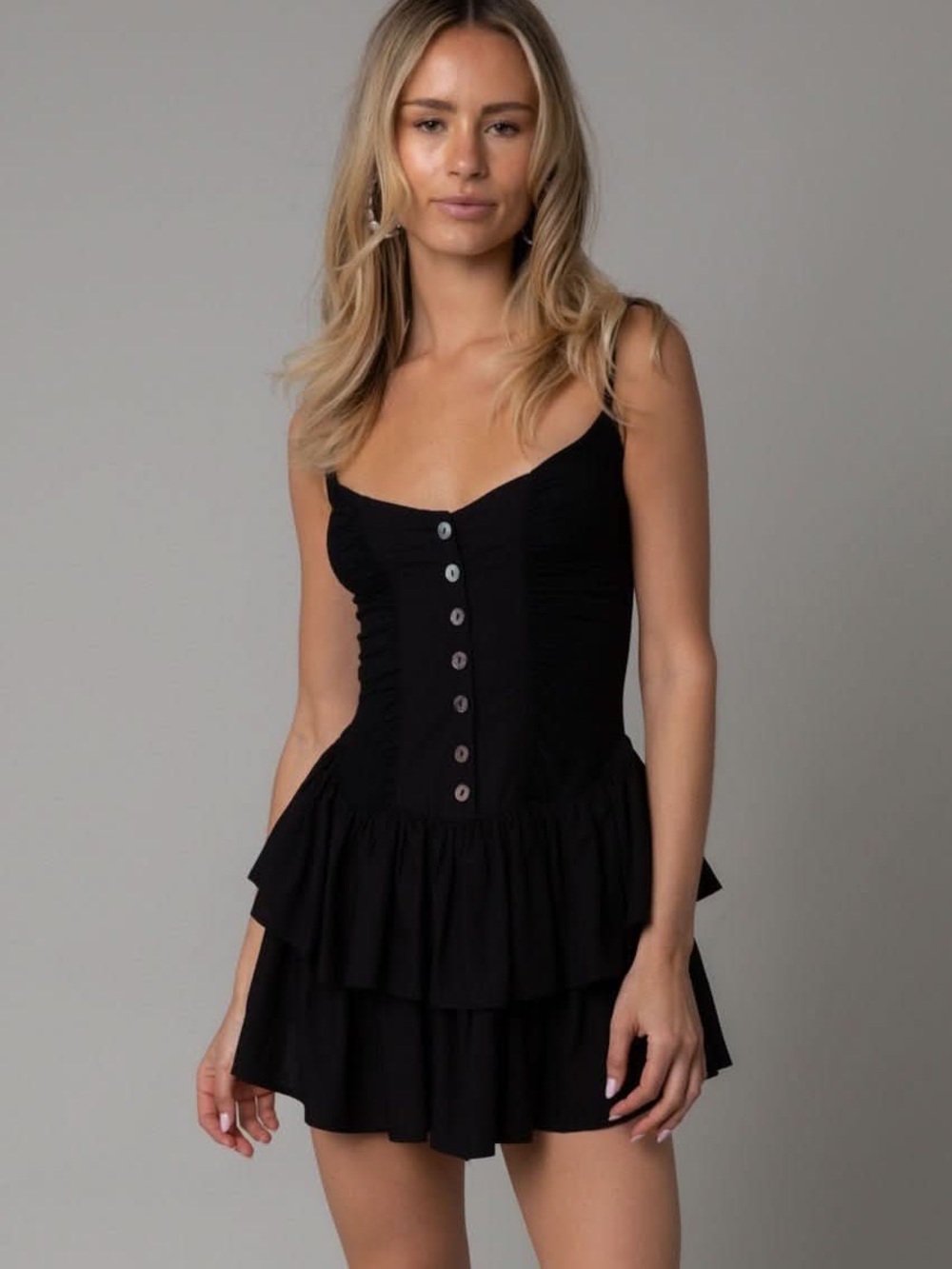 Indah Black Tiered Button-Front Mini Dress